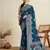 Teal blue printed floral print cotton silk bollywood saree with blouse