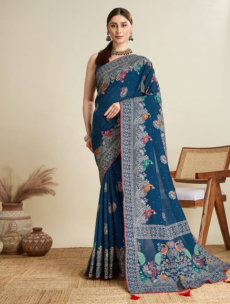 Teal blue printed floral print cotton silk bollywood saree with blouse