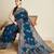 Teal blue printed floral print cotton silk bollywood saree with blouse