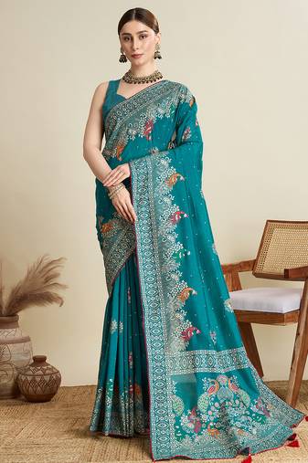 Teal green printed floral print cotton silk bollywood saree with blouse