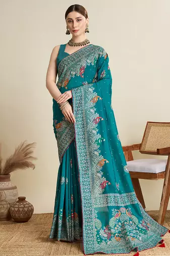 Teal green printed floral print cotton silk bollywood saree with blouse