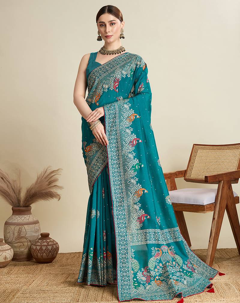 Teal green printed floral print cotton silk bollywood saree with blouse