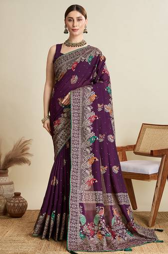 Wine printed floral print cotton silk bollywood saree with blouse