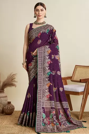 Wine printed floral print cotton silk bollywood saree with blouse