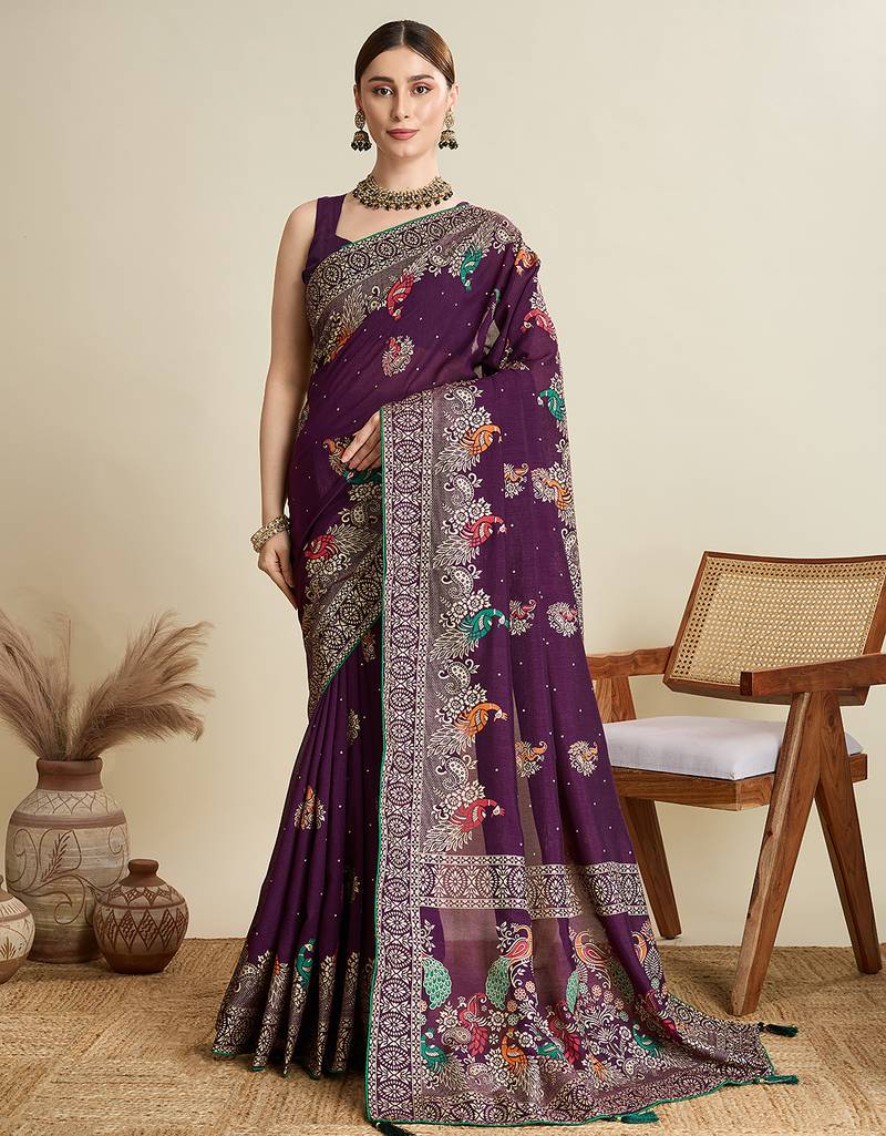 Wine printed floral print cotton silk bollywood saree with blouse