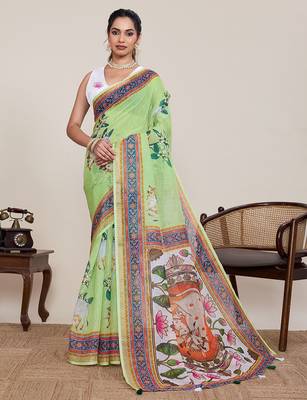 Light green printed linan bollywood saree with blouse 1
