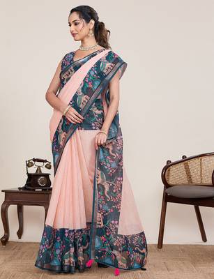 Peach printed linan bollywood saree with blouse 2