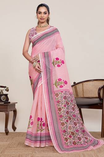 Pink printed linan bollywood saree with blouse