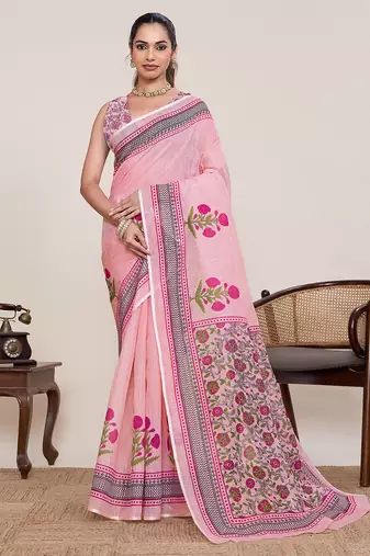Pink printed linan bollywood saree with blouse