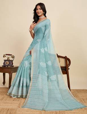 Aqua blue printed linan kalamkari saree with blouse 2