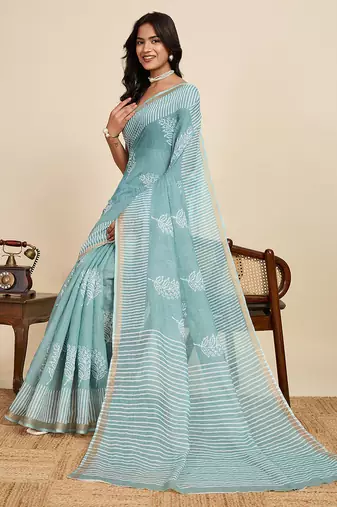 Aqua blue printed linan kalamkari saree with blouse