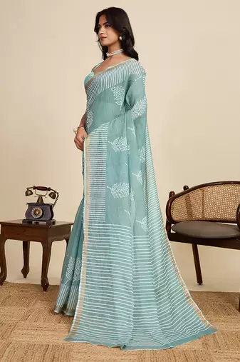 Aqua blue printed linan kalamkari saree with blouse