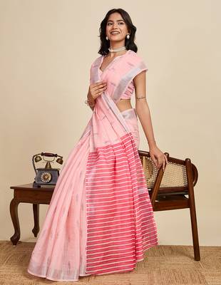 Baby pink printed linan kalamkari saree with blouse 2