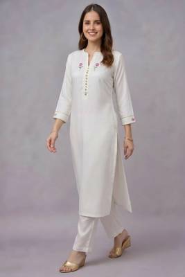 White embroidered rayon kurta set 3