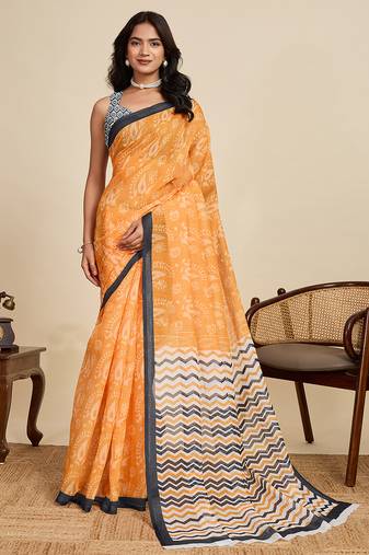 Mustard printed linan kalamkari saree with blouse