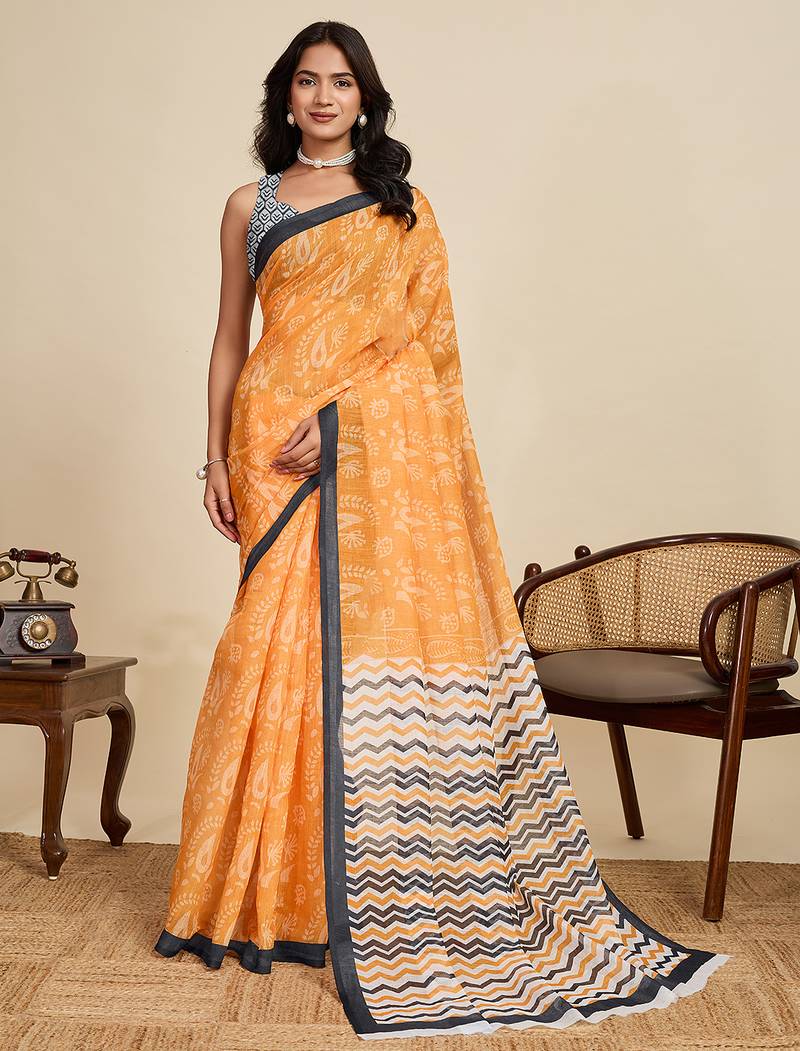 Mustard printed linan kalamkari saree with blouse