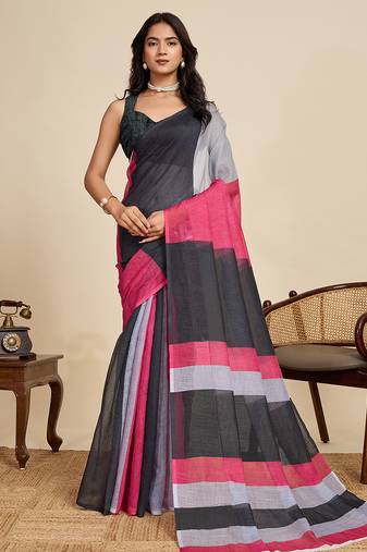 Black printed linan kalamkari saree with blouse