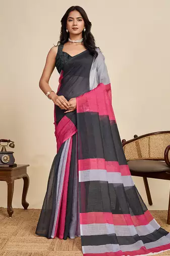 Black printed linan kalamkari saree with blouse