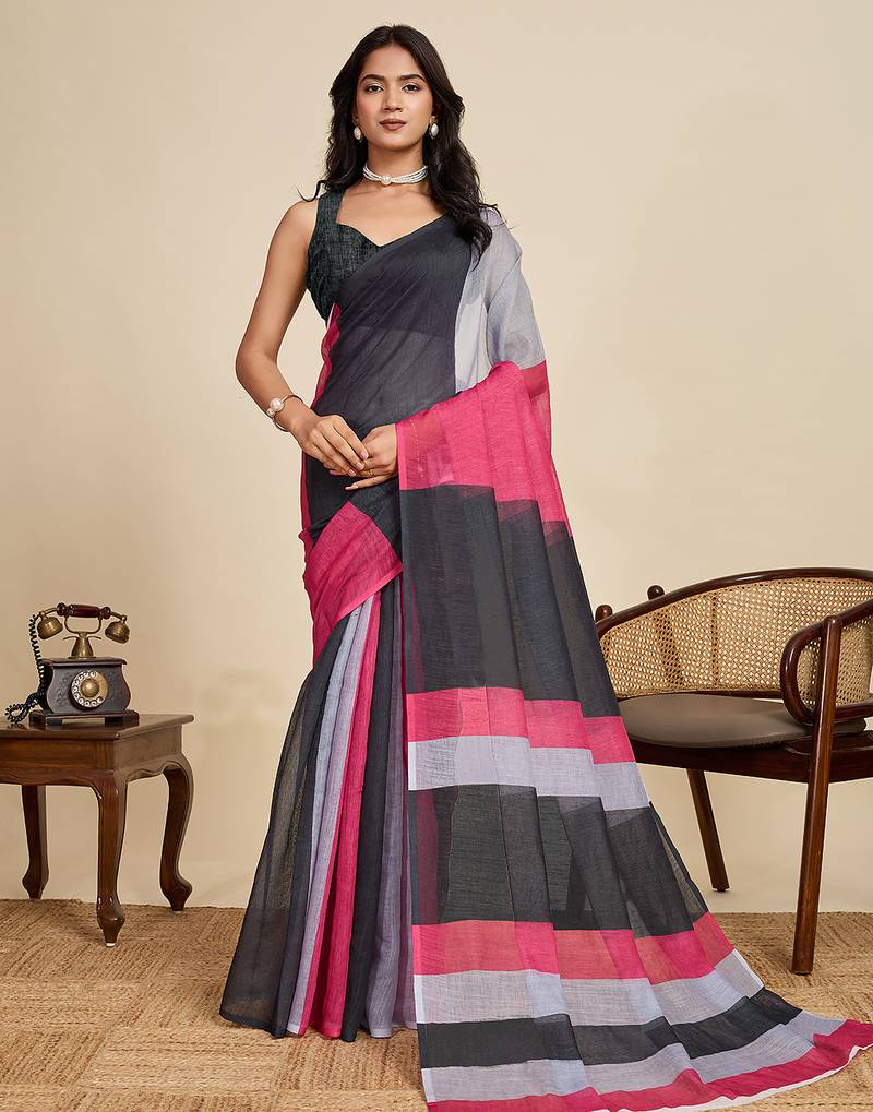 Black printed linan kalamkari saree with blouse