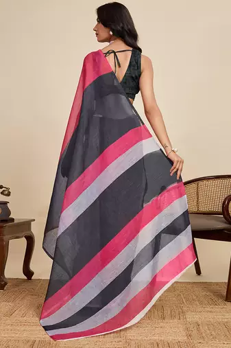 Black printed linan kalamkari saree with blouse