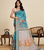 Teal blue printed linan kalamkari saree with blouse