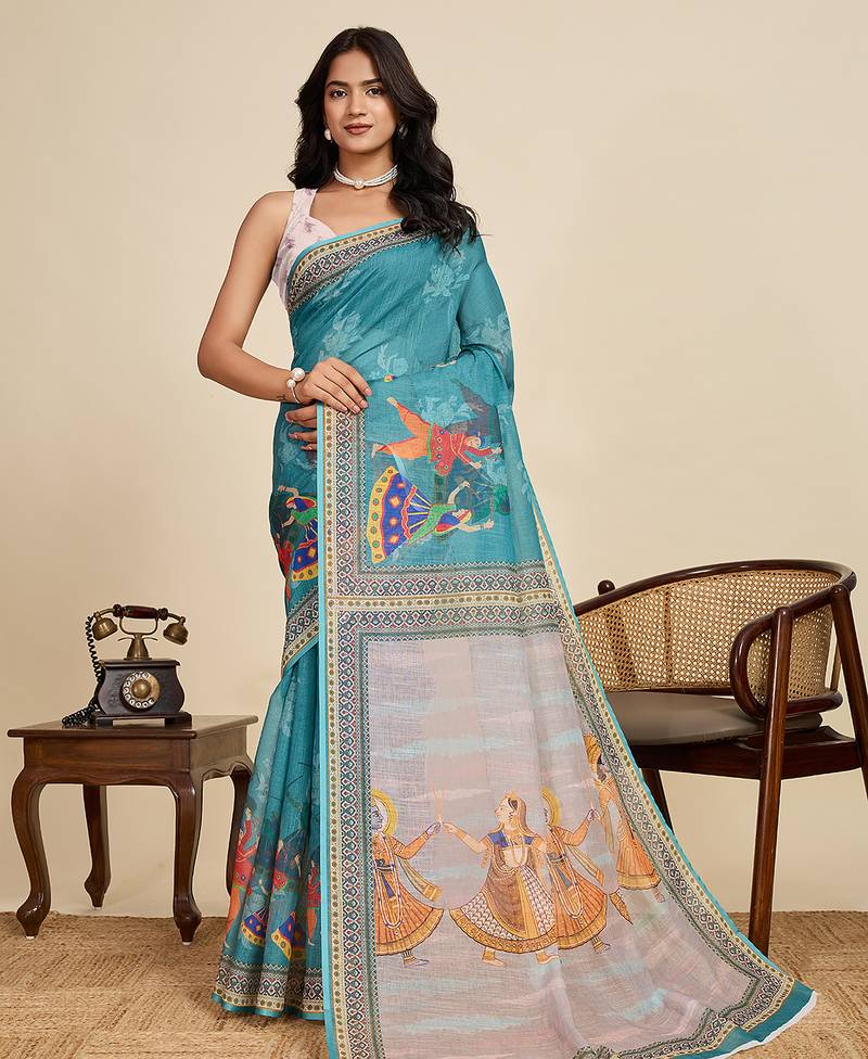 Teal blue printed linan kalamkari saree with blouse