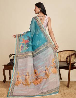 Teal blue printed linan kalamkari saree with blouse 4