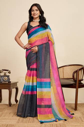 Black printed linan kalamkari saree with blouse