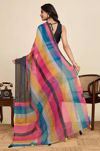 Black printed linan kalamkari saree with blouse