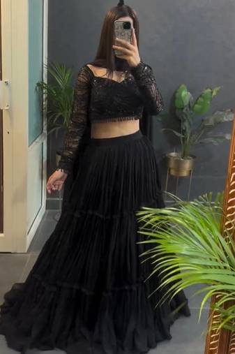 Black Color thread with Sequnce Gorgette Lahenga Choli Set