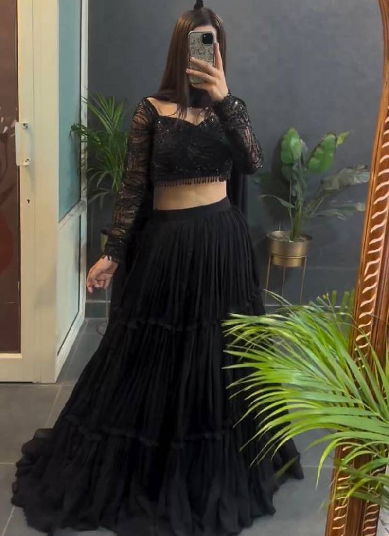 Black Color thread with Sequnce Gorgette Lahenga Choli Set