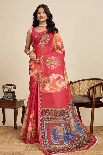 Red printed linan kalamkari saree with blouse