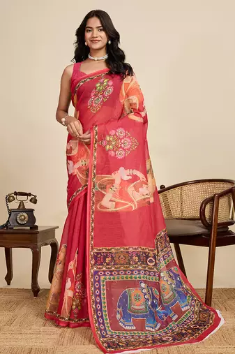 Red printed linan kalamkari saree with blouse