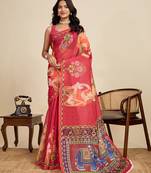 Red printed linan kalamkari saree with blouse
