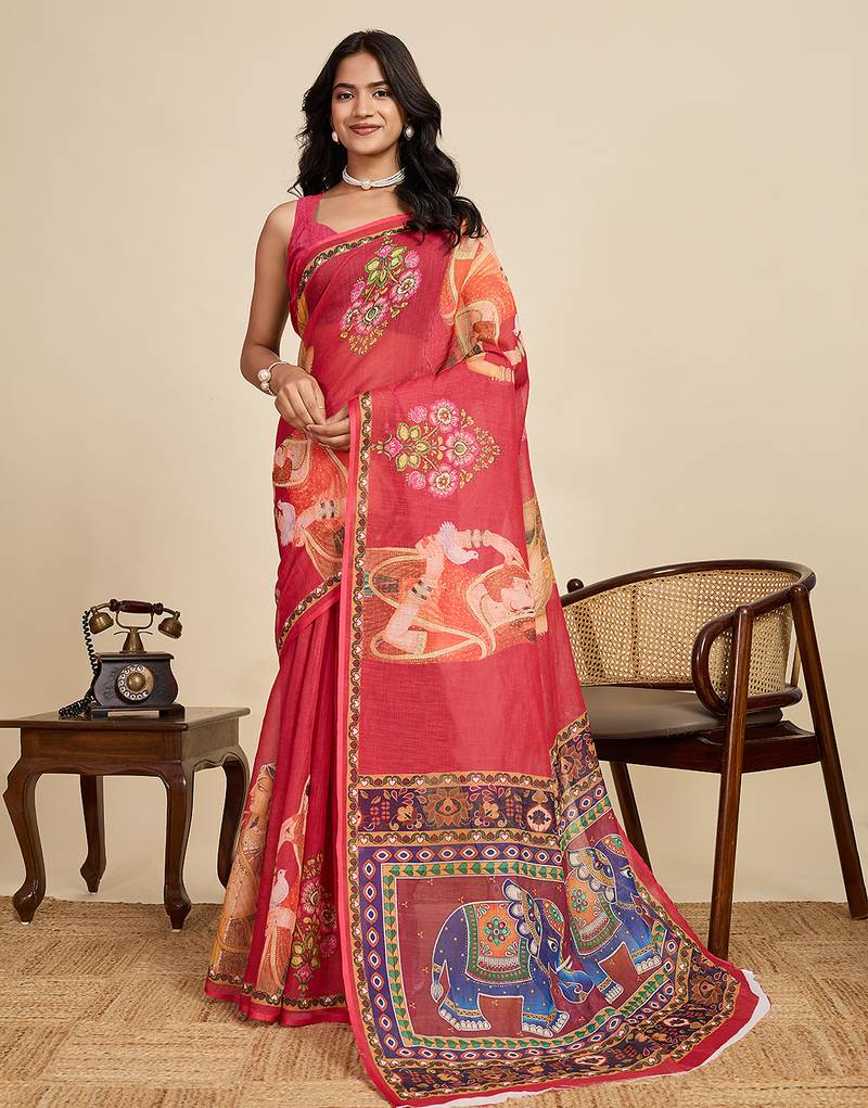 Red printed linan kalamkari saree with blouse
