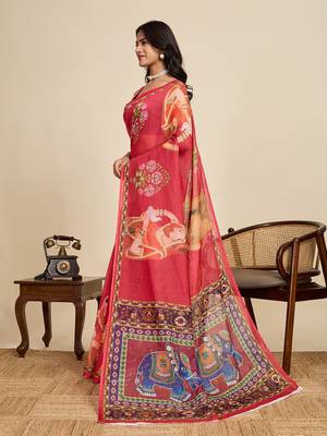 Red printed linan kalamkari saree with blouse 3