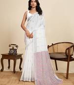 White printed linan kalamkari saree with blouse