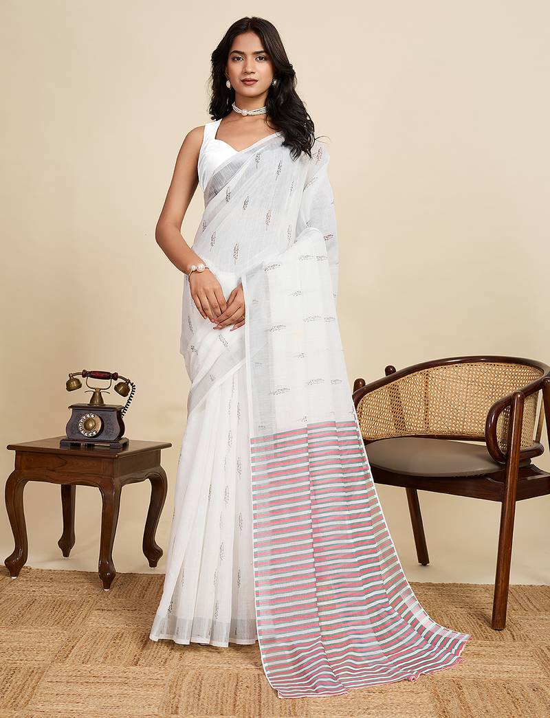 White printed linan kalamkari saree with blouse