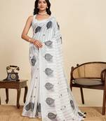 White printed linan kalamkari saree with blouse