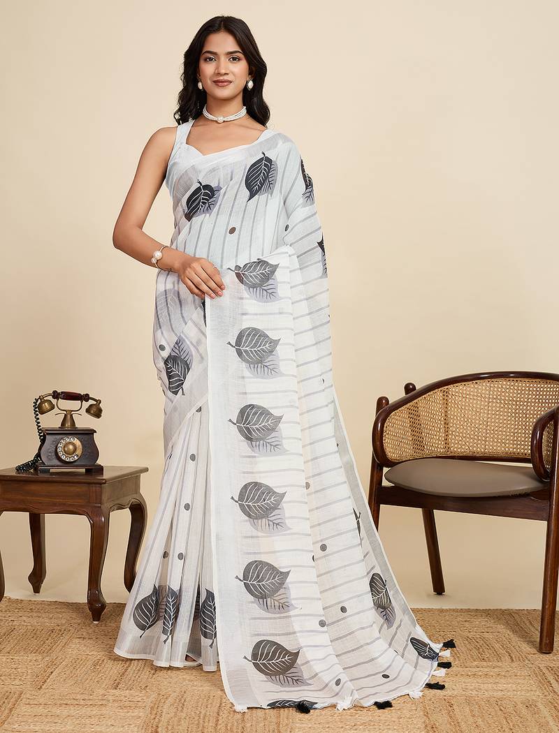 White printed linan kalamkari saree with blouse