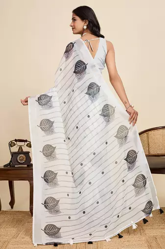 White printed linan kalamkari saree with blouse