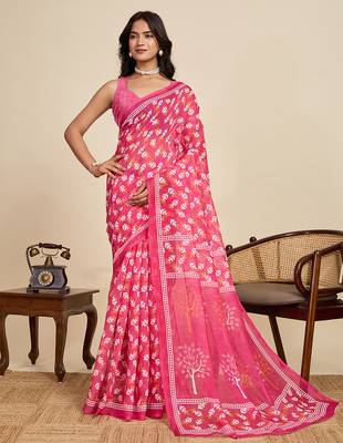 Pink printed linan kalamkari saree with blouse 1