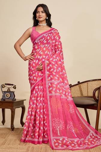 Pink printed linan kalamkari saree with blouse