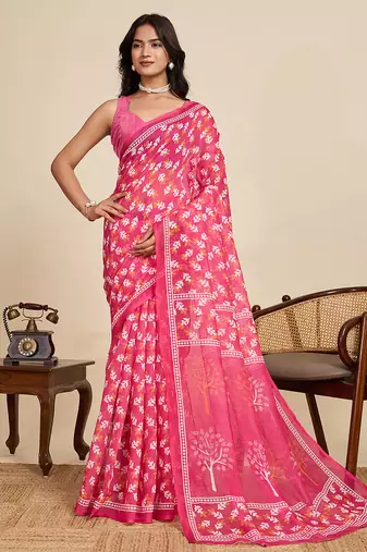 Pink printed linan kalamkari saree with blouse