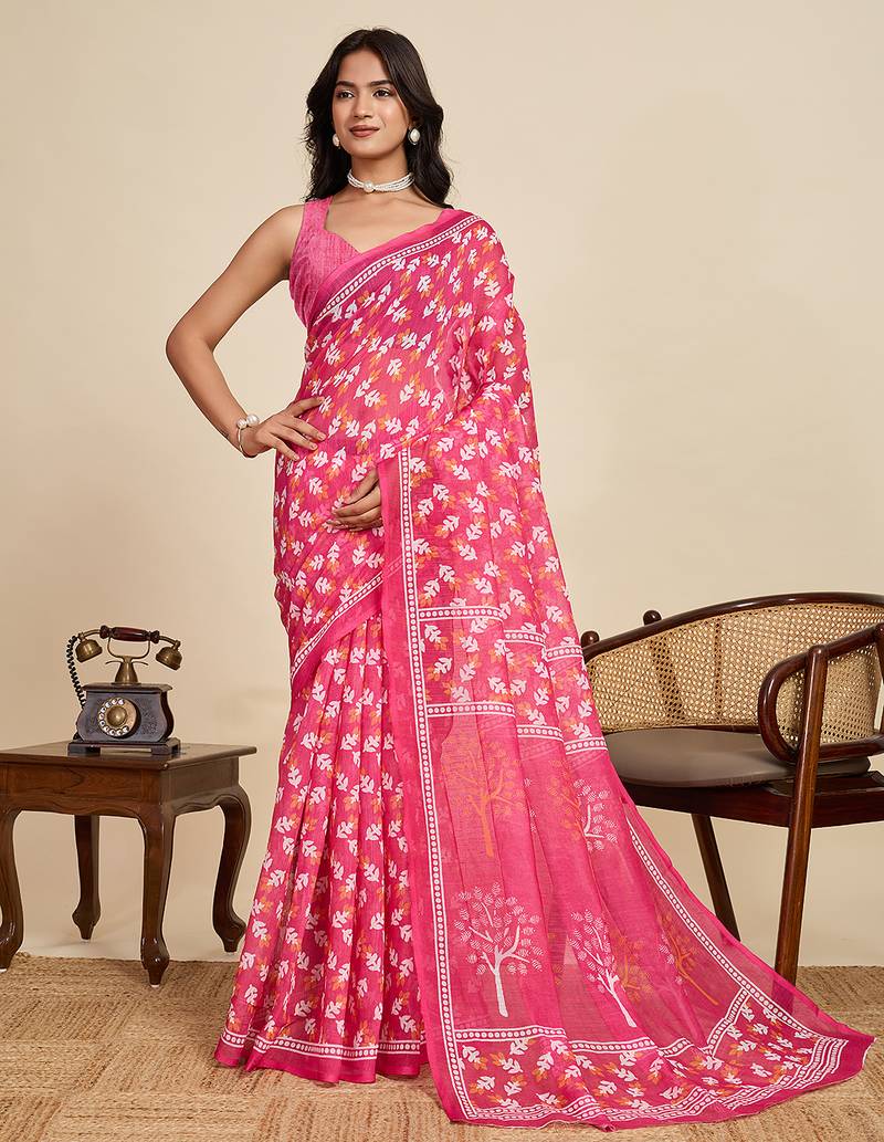 Pink printed linan kalamkari saree with blouse