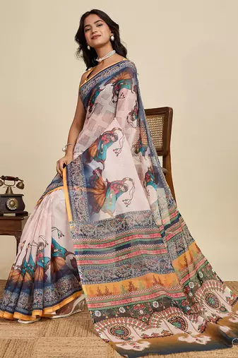 White2 printed linan kalamkari saree with blouse