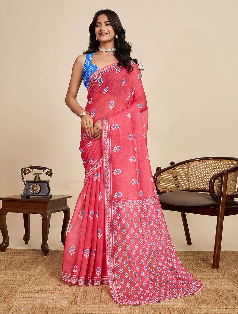 Pink printed linan kalamkari saree with blouse