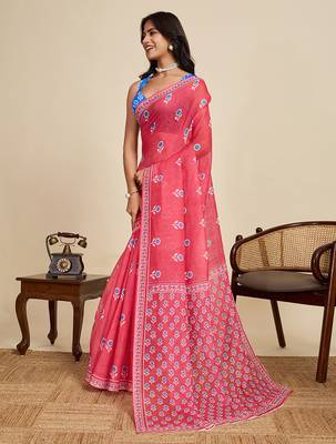 Pink printed linan kalamkari saree with blouse 3