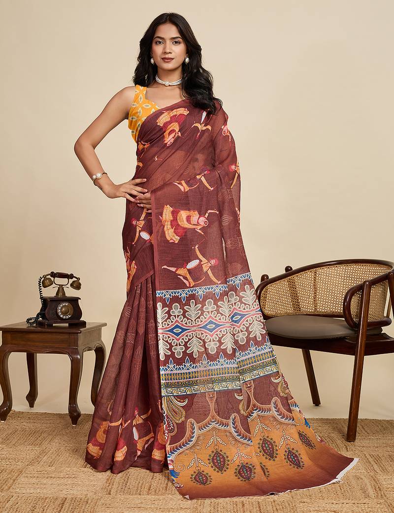 Brown printed linan kalamkari saree with blouse