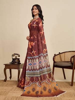 Brown printed linan kalamkari saree with blouse 2